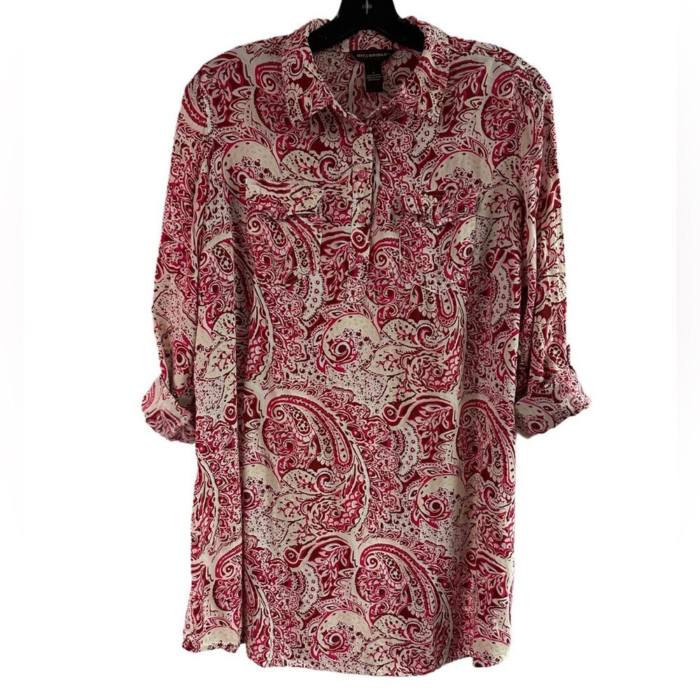 Bit & Bridle Red Paisley Long Tunic Top Roll Tab Sleeves Size S
